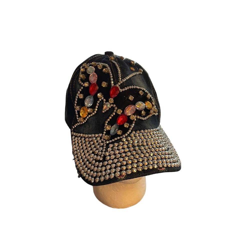 Bling Butterfly Hat Distressed Denim Rhinestone Covered Cap